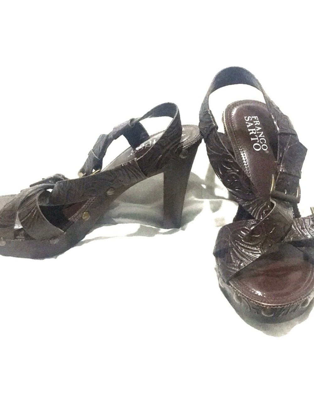 Franco Sarto Dark Brown Carved Leather Platform Heels
